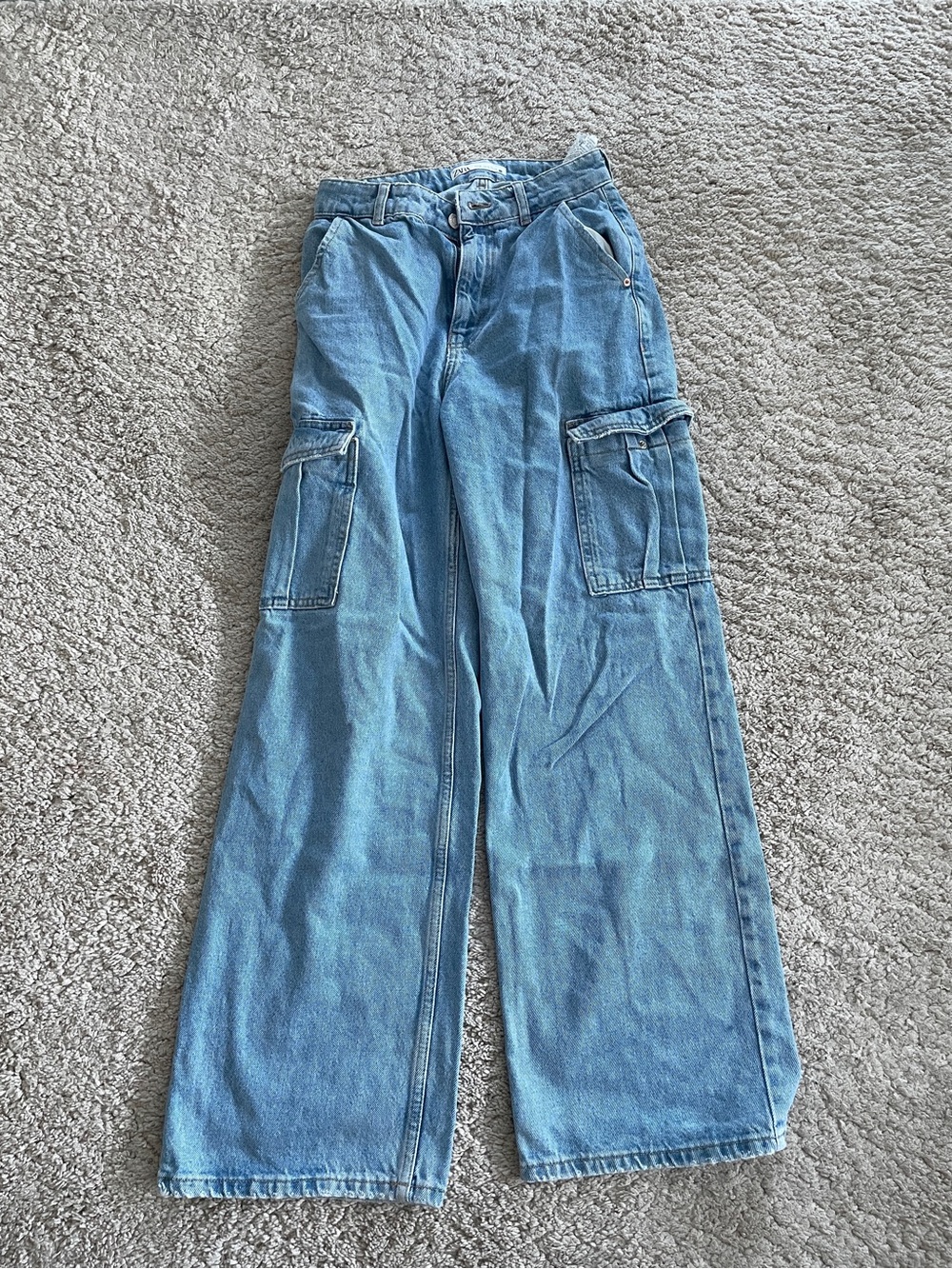 Zara Light Blue High-Rise Wide-Leg Cargo Jeans